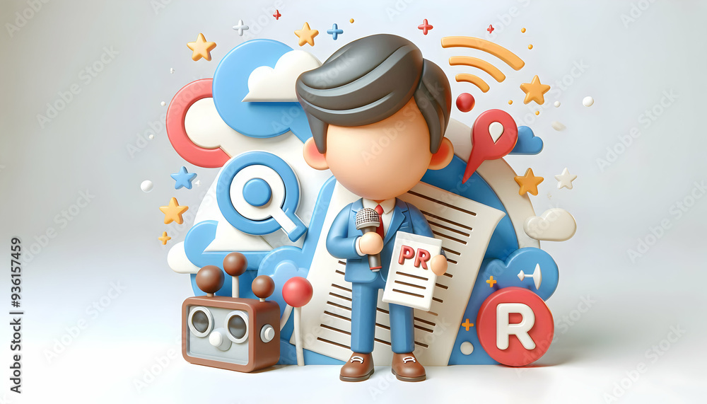 Poster a 3d flat icon of a public relations specialist with microphone and notes on whimsical background bu