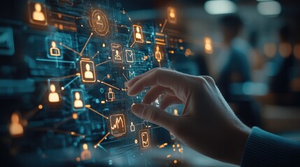 Close-up of a hand touching a digital screen displaying interconnected icons and data, symbolizing network communication and technology...