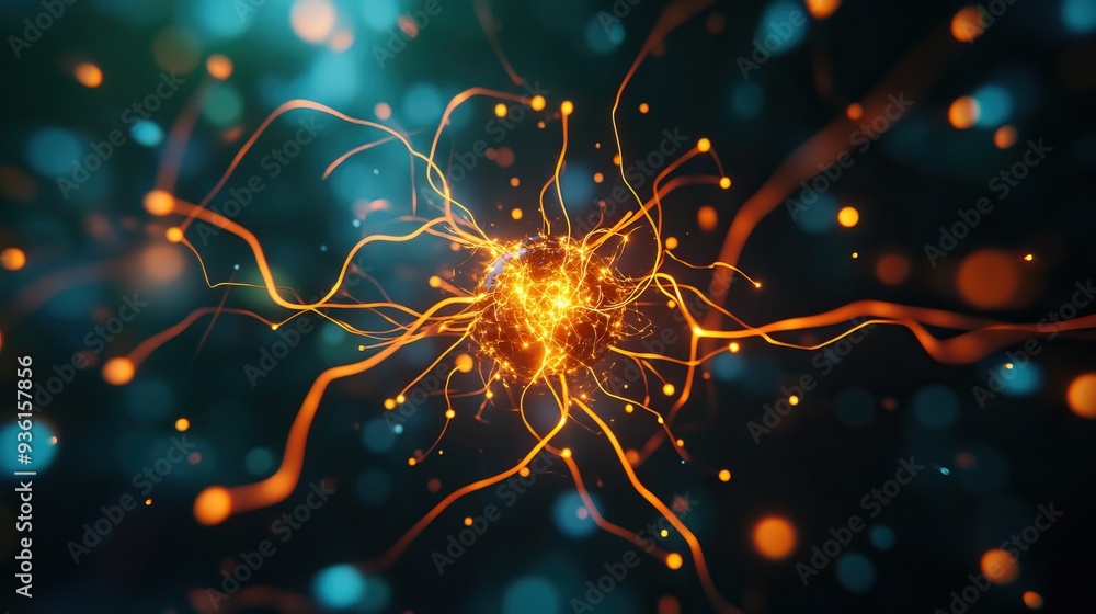 Poster abstract composition of glowing neurons with strands of light in a vibrant blue and orange color sch