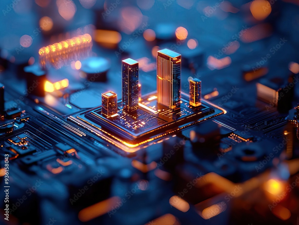 Poster futuristic microchip with glowing components representing advanced technology in a digital landscape