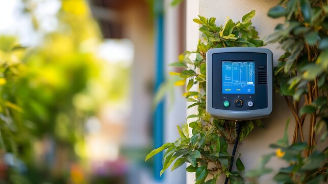 12. A smart meter installed on a residential home, showing real-time energy usage