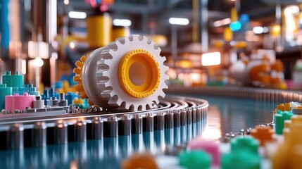 Close-up of a colorful gear on a conveyor belt in a modern manufacturing facility, emphasizing precision and technology.
