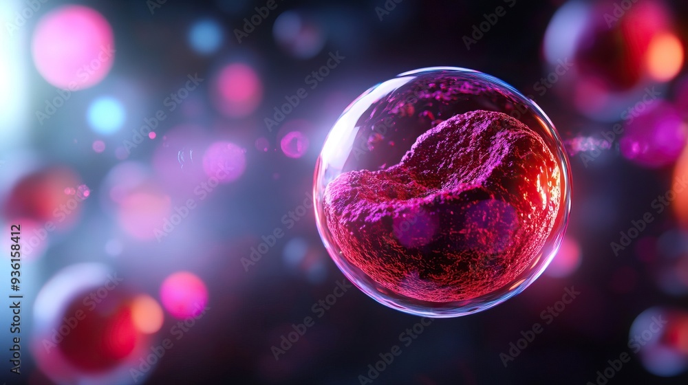 Poster close-up view of a vibrant, glowing cell in a microscopic world, showcasing biological processes and