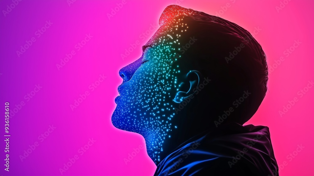 Poster a man's face is shown in a colorful, abstract style. concept of creativity and imagination, as the m