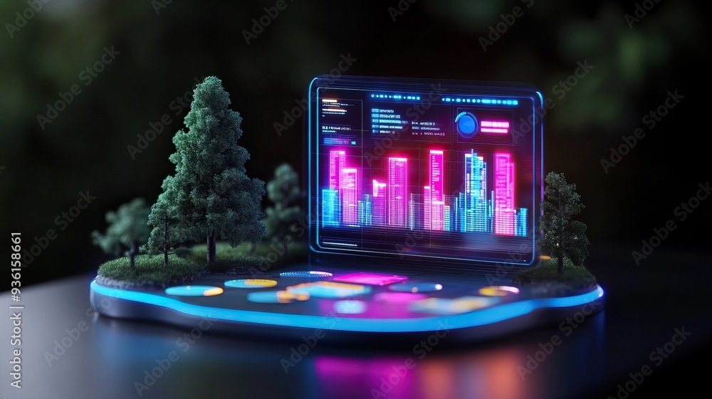 Poster futuristic digital display with glowing graphs and greenery, representing advanced technology in urb