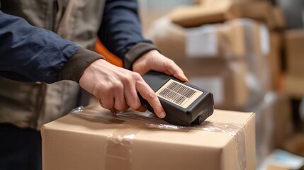 A worker scans a barcode on a cardboard package in a warehouse, highlighting logistics and inventory management processes..