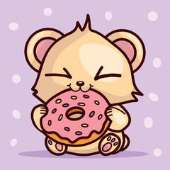Funny bear bites a donut.Vector illustration in kawaii style