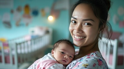 A joyful mother smiles while holding her sleeping newborn in a cozy nursery, capturing a tender moment of motherhood and bonding..