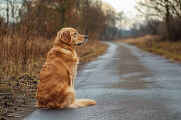 Obraz premium Golden Retriever Back. Cute Dog Waiting on Lane in Outdoor Setting