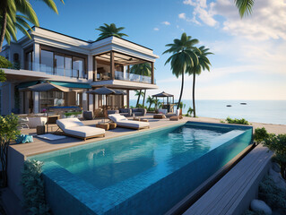 Fantastic Beautiful luxury outdoor swimming pool in hotel resort with sea ocean around coconut