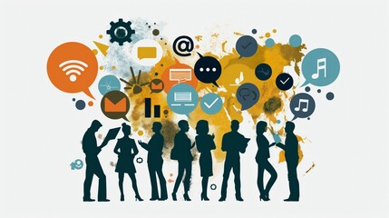 A group of people are interacting and communicating with each other. There are different icons around the people, such as a WiFi symbol, a chat bubble, an email, and a music note.