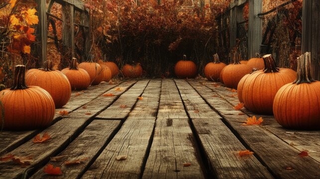 Halloween Zoom. Orange Pumpkin Harvest in Autumn on Weathered Wooden Bridge