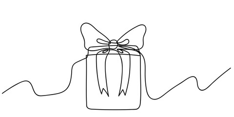 Simple continuous line drawing of a gift box tied with a bow, perfect for minimalist designs