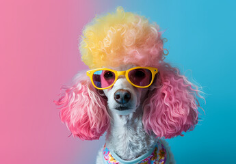 Person with pink hair wearing sunglasses against a blue backdrop