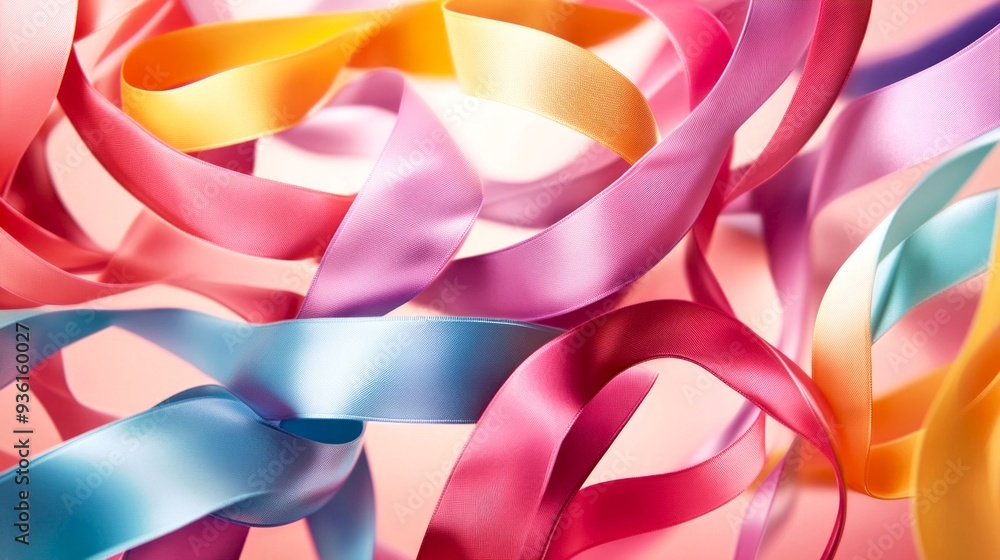 Poster vibrant ribbons float elegantly in a colorful swirl. this beautiful image captures a playful burst o
