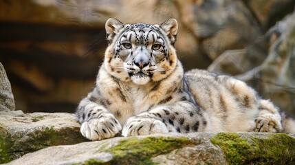 Fototapeta premium Majestic Snow Leopard Resting on a Rocky Outcrop