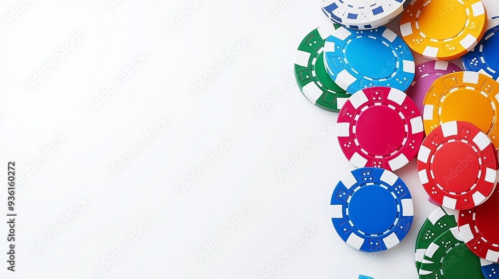 Poster a pile of colorful poker chips on a white background. the chips are of different colors and sizes, c