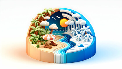 3D Flat Icon Summer and Winter Beach Landscape for Relaxation  Transformation