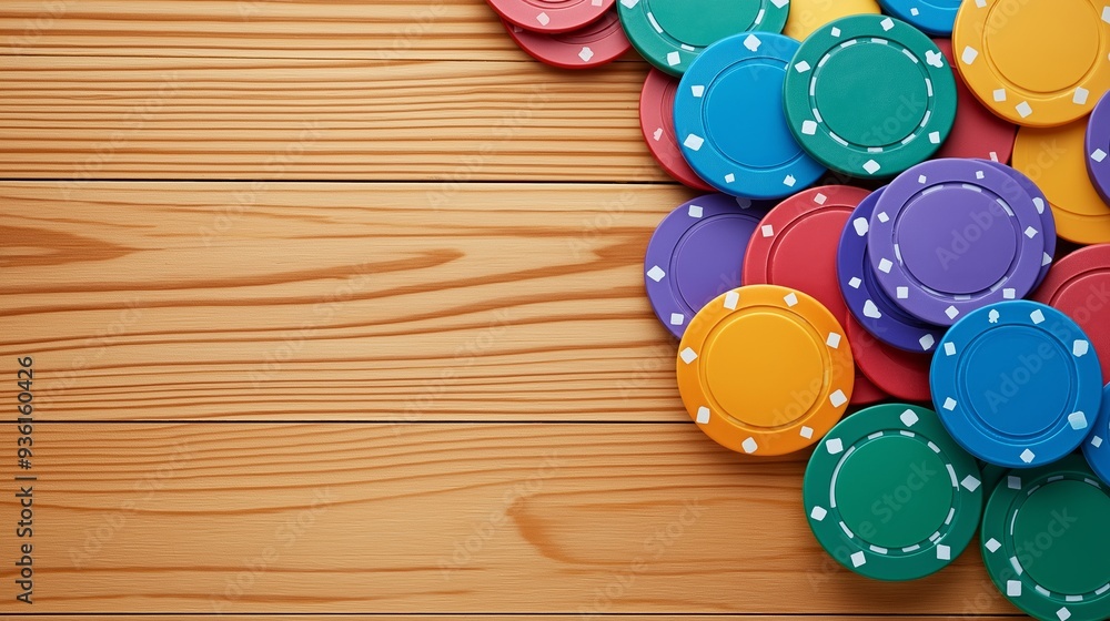 Poster a pile of colorful poker chips on a wooden table. the chips are of different colors and sizes, and t