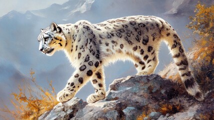 Fototapeta premium Majestic Snow Leopard on a Mountain Ridge