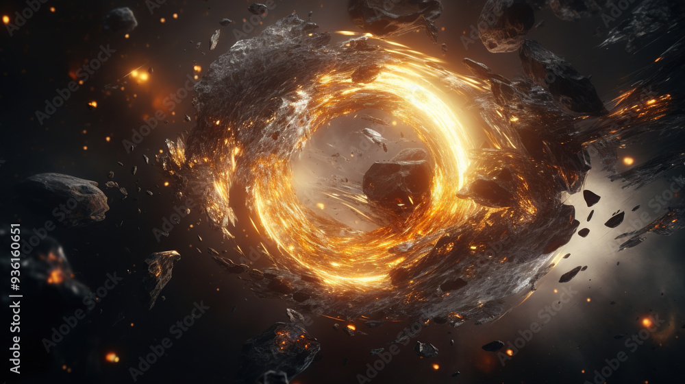 Poster abstract explosion in space with rocks and stones burst in flame, sci-fi and technology background