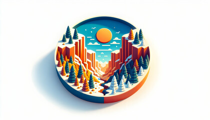 Obraz premium 3D Flat Icons of Summer and Winter Canyon Landscapes: Grandeur and Endurance Concept, Isolated on White Background