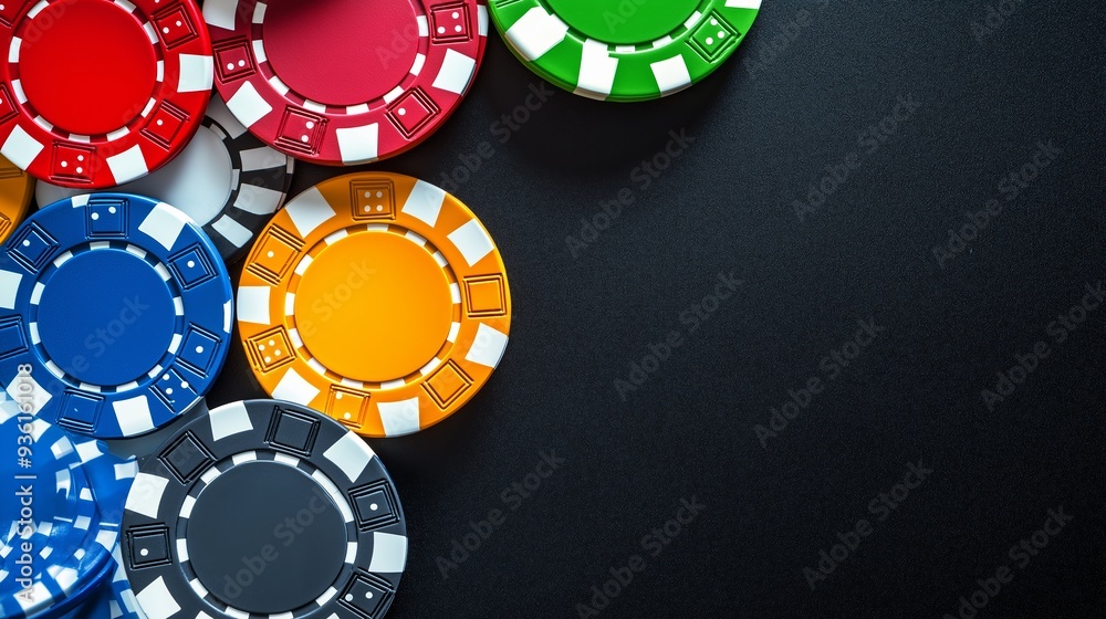 Poster a row of colorful poker chips on a black background. the chips are arranged in a circle, with some o