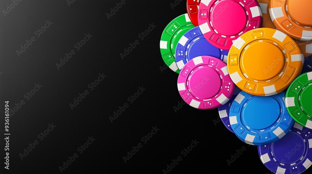 Poster a bunch of colorful poker chips are stacked on top of each other. the image has a playful and fun mo
