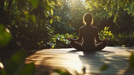 Fototapeta premium A woman practices meditation on a wooden deck surrounded by lush green foliage, basking in peaceful natural sunlight..