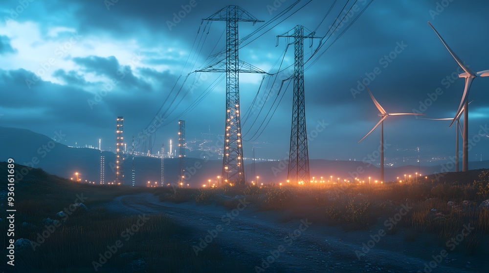Poster 5. a wind farm with turbines generating electricity and connecting to the grid