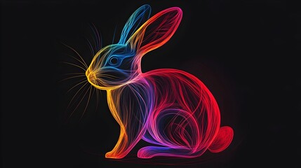 Vibrant Abstract Rabbit Drawing with Bold Colorful Lines on Black Background