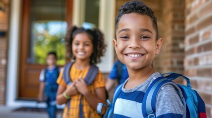 Smiling children wearing new school shirts and backpacks Walking out of the house to go to school
