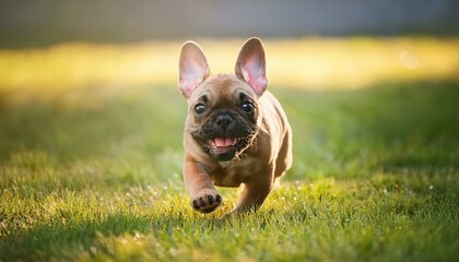 芝生の上を走っているフレンチブルドッグの子犬(french bulldog puppy running on the grass)
