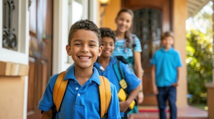 Smiling children wearing new school shirts and backpacks Walking out of the house to go to school