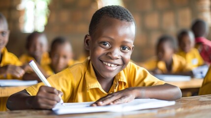 Smiling children wearing new school shirts and backpacks Walking out of the house to go to school