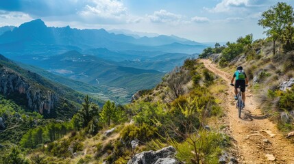 Fototapeta premium A cyclist navigates a rugged mountain trail surrounded by stunning alpine scenery, showcasing the thrill of outdoor adventure and nature exploration..