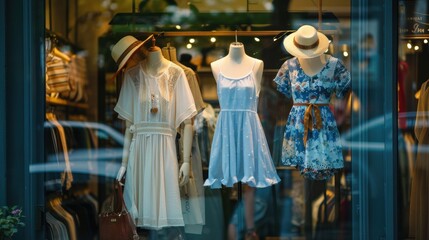clothes being displayed on mannequins or hanging racks. Show the style and theme of the store.