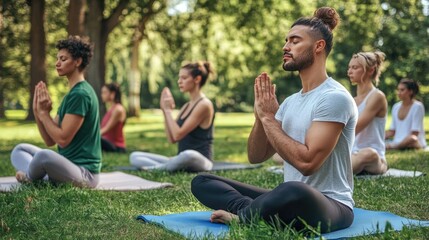 Naklejka premium A group of women practice yoga together outdoors in a sunny urban environment, focusing on mindfulness and physical well-being amidst nature and cityscape..