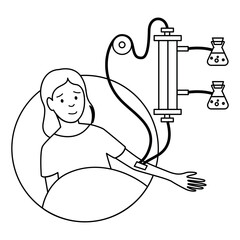 Hemodialysis, artificial blood purification. The girl, a patient, is connected to a hemodialysis machine. Black line illustration with diagram, diagram. Vector illustration
