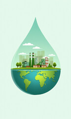 Envision a water droplet shape where the bottom half represents the Earth, and the upper half symbolizes a world powered by green energy, epitomizing environmental friendliness and sustainability.