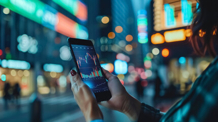 Female hand holding a smartphone in a business style, focused on stocks and exchanges