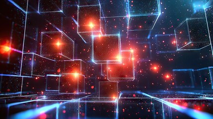 Neon red and blue geometric shapes on black base glowing particles light effects background, particles, shapes, blue, base, light, geometric, black background