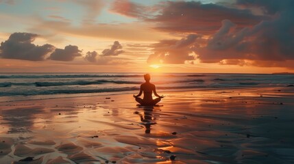 Fototapeta premium A person sits in a meditative pose on a tranquil beach during sunrise, surrounded by calm waves and vibrant skies, embracing peace and reflection..