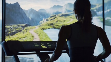 A woman runs on a treadmill in a gym, with a scenic mountain landscape displayed on a screen in front of her, simulating an outdoor run..