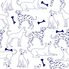 Seamless pattern with dog drawings, simple black lines. vector illustration