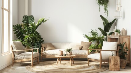 Obraz premium farmhouse interior living room, empty wall mockup in white room with wooden furniture and lots of green plants, 3d render