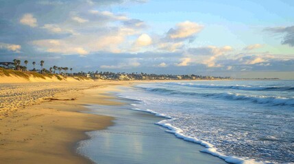 Newport Beach California Skyline at Early Morning. Coastal Landscape with Pacific Shore and Sandy Beach