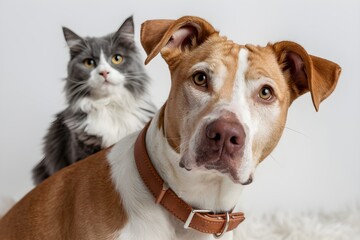 Tan dog and gray cat, both groomed and healthy