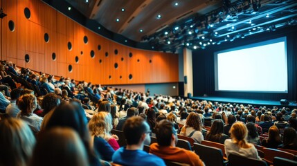 A packed audience attentively watches a presentation in a modern auditorium, with a large screen on stage and professional lighting..