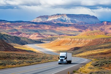 Semi Truck Desert. Driving on Interstate Highway with Wide Open Desert Landscapes